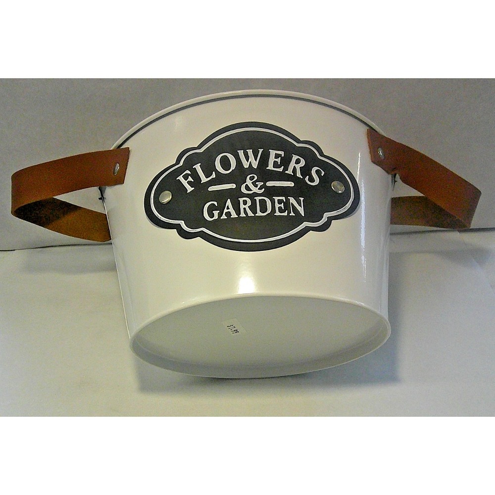 FLOWERS AND GARDEN WHITE BUCKET WITH BROWN LEATHER STRAPS‎